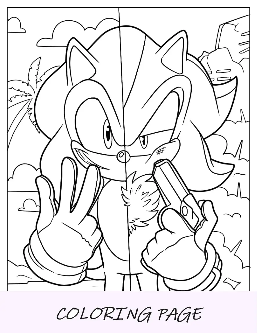 Página para colorir meio Sonic e meia sombra no modo de luta