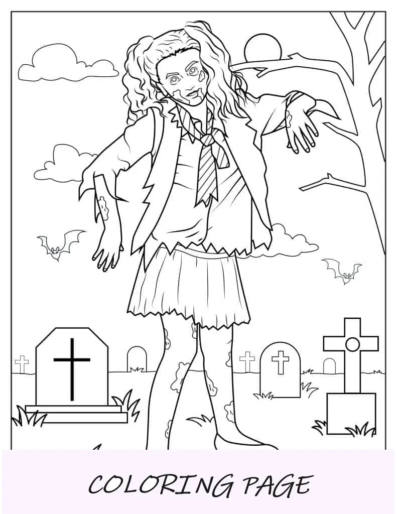 Página para colorir de zumbi de menina comendo cérebro