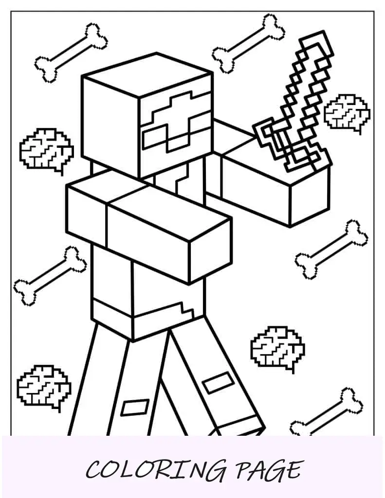 Página para colorir de zumbi com cérebro de Minecraft
