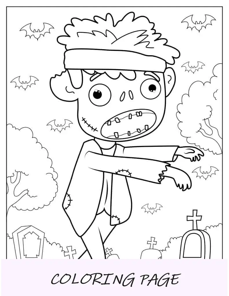 Zumbi morto-vivo andando no cemitério para colorir
