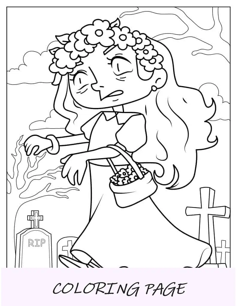 Página para colorir de zumbi de noiva