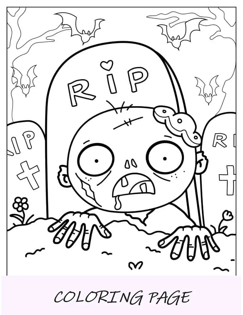 Página para colorir de zumbi rastejando para fora de uma sepultura
