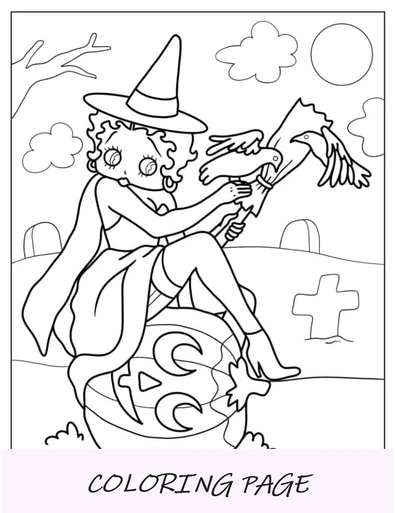 Hoja para colorear de Halloween de la bruja Betty Boop