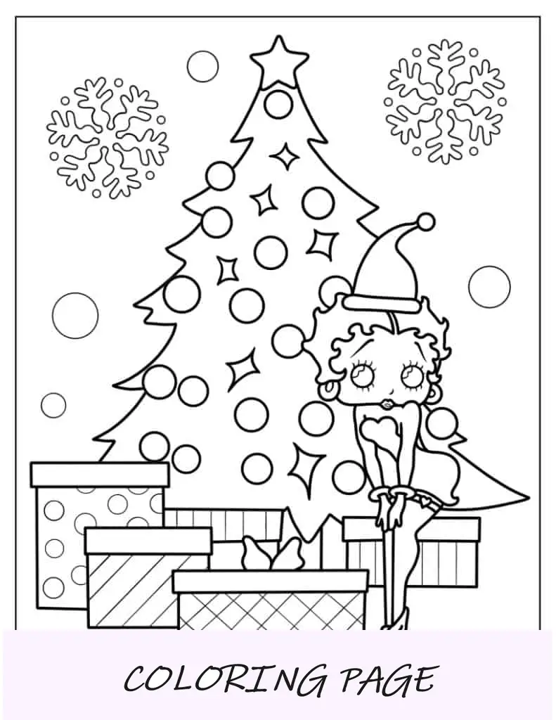 Betty Boop posando junto al árbol de Navidad para colorear