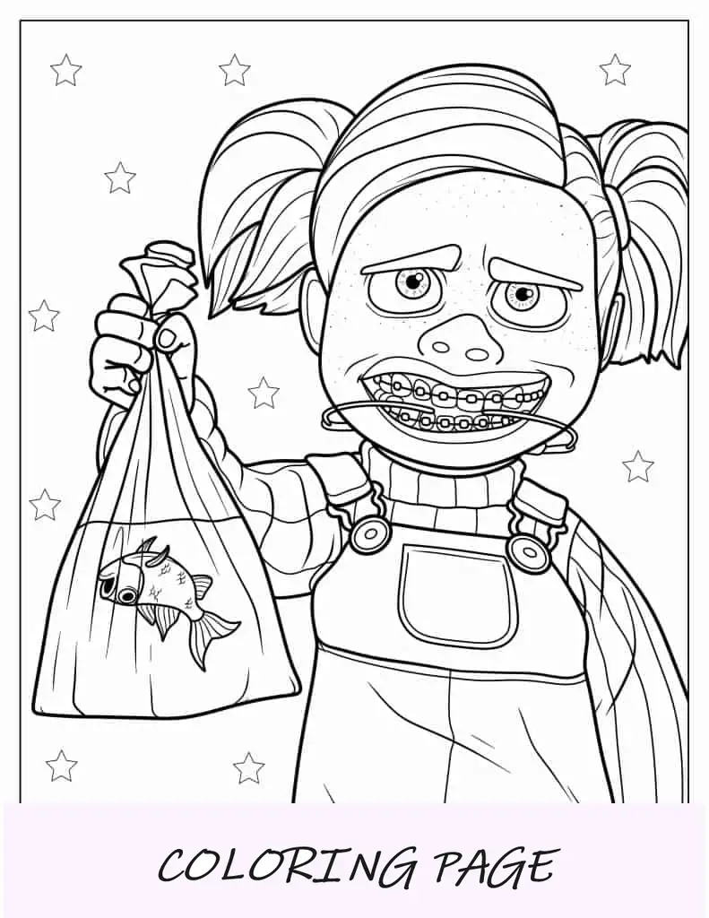 Folha para colorir de Darla segurando peixes de estimação