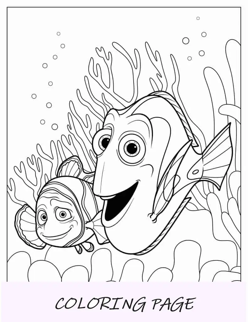 Dory e Marlin nadando em coral