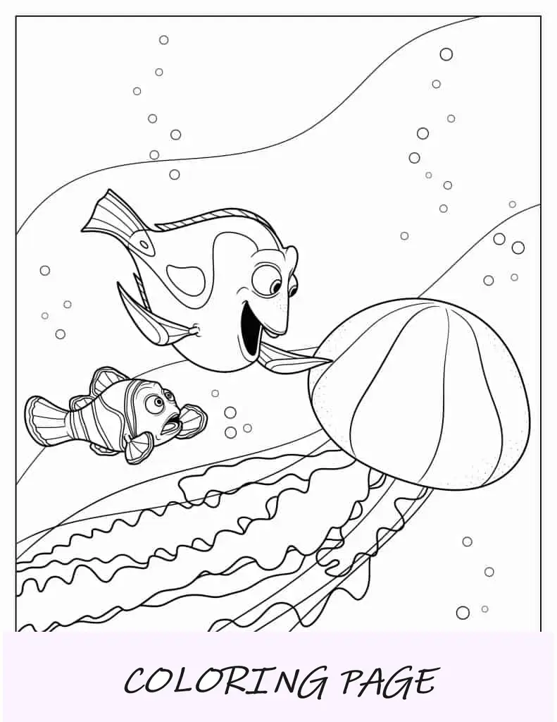 Dory tocando uma grande água-viva para colorir
