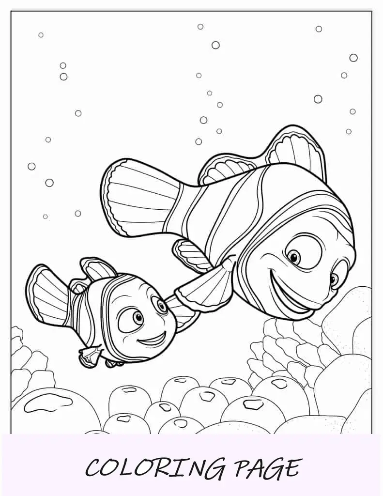 Nemo e Marlin nadando em coral