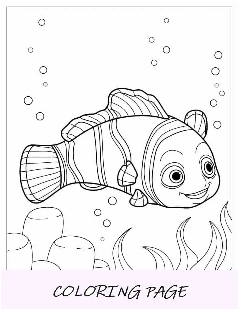 Peixe palhaço Nemo nadando em coral para colorir