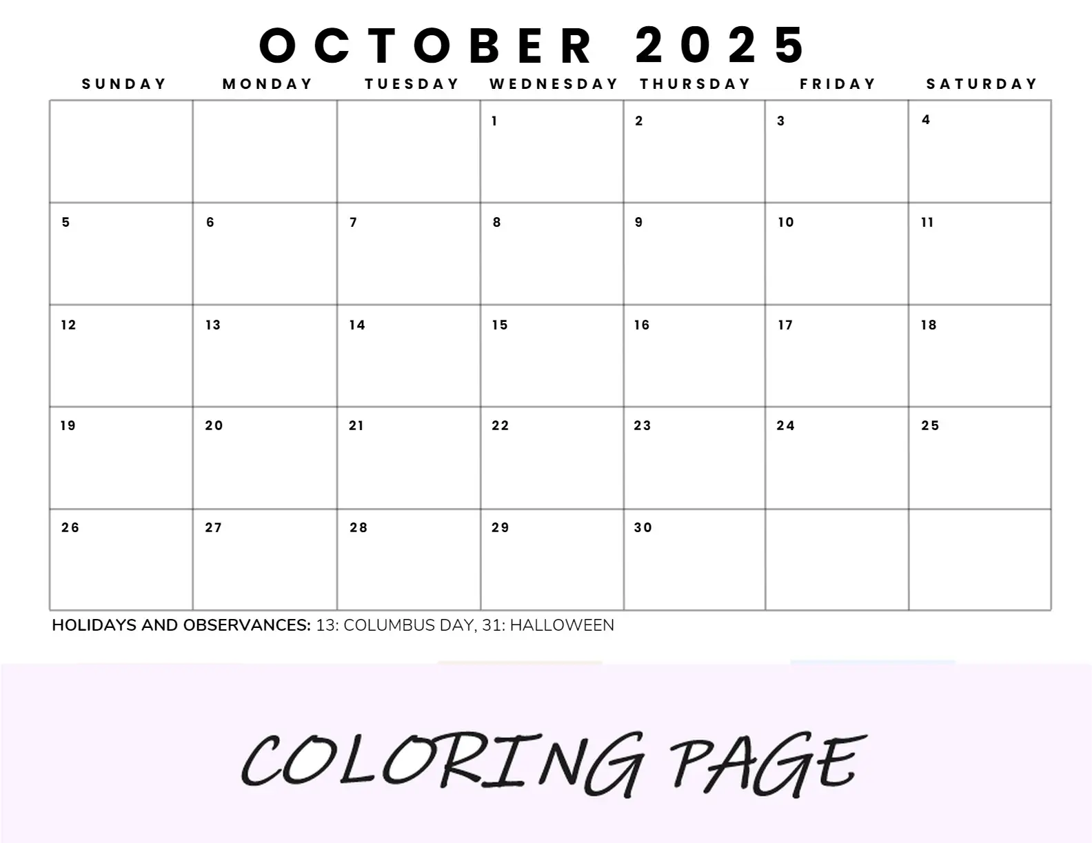 Calendario Octubre 2025 Imprimible Paisaje Colorido