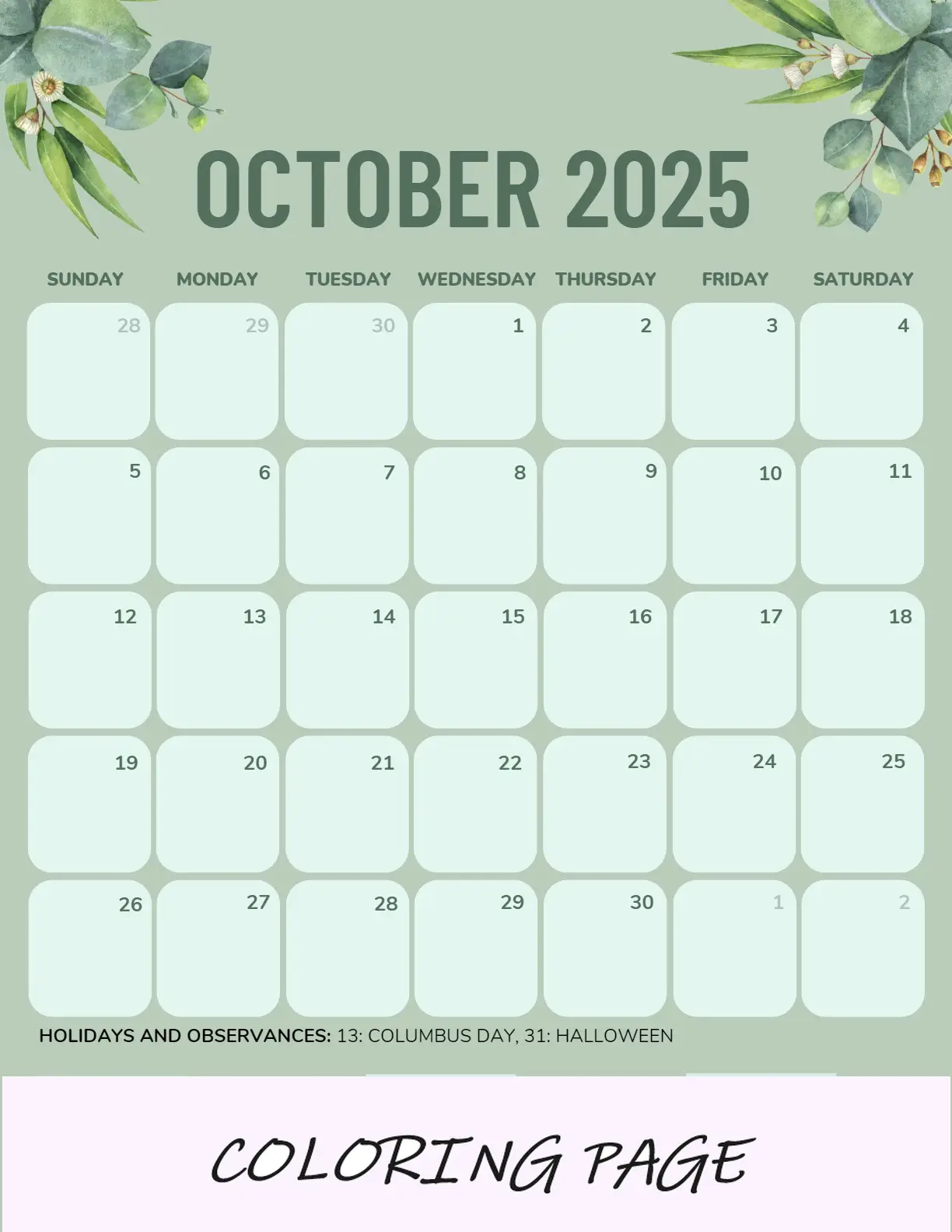 Calendario octubre 2025 Retrato espeluznante imprimible
