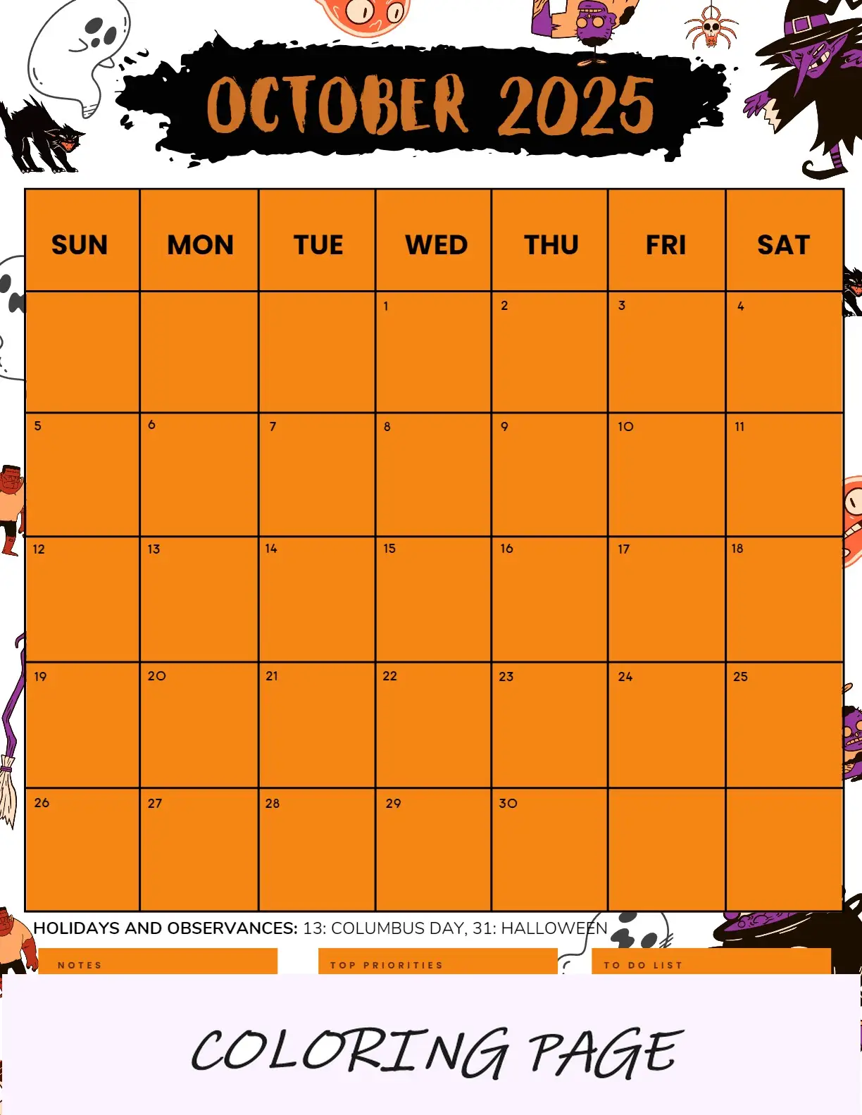 Calendario Octubre 2025 Imprimible Día De La Raza 2 Retrato