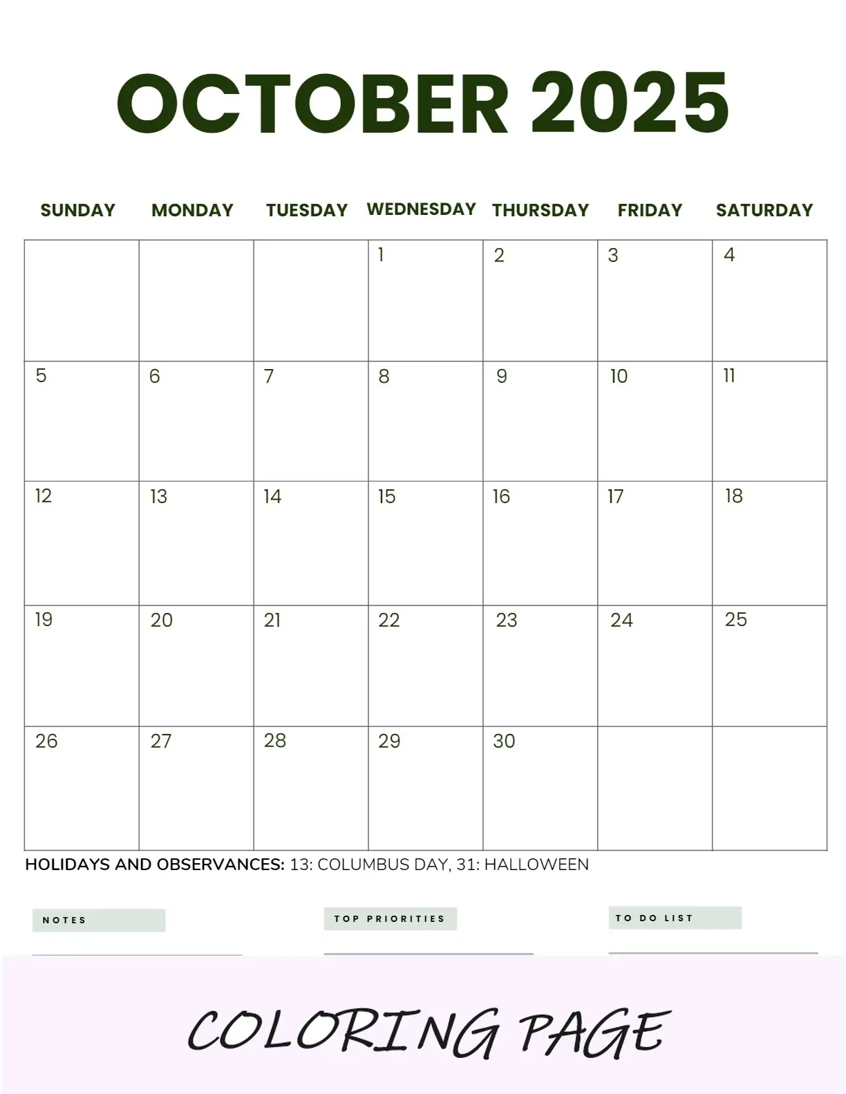 Calendario Octubre 2025 Imprimible Negocios 3 Retrato