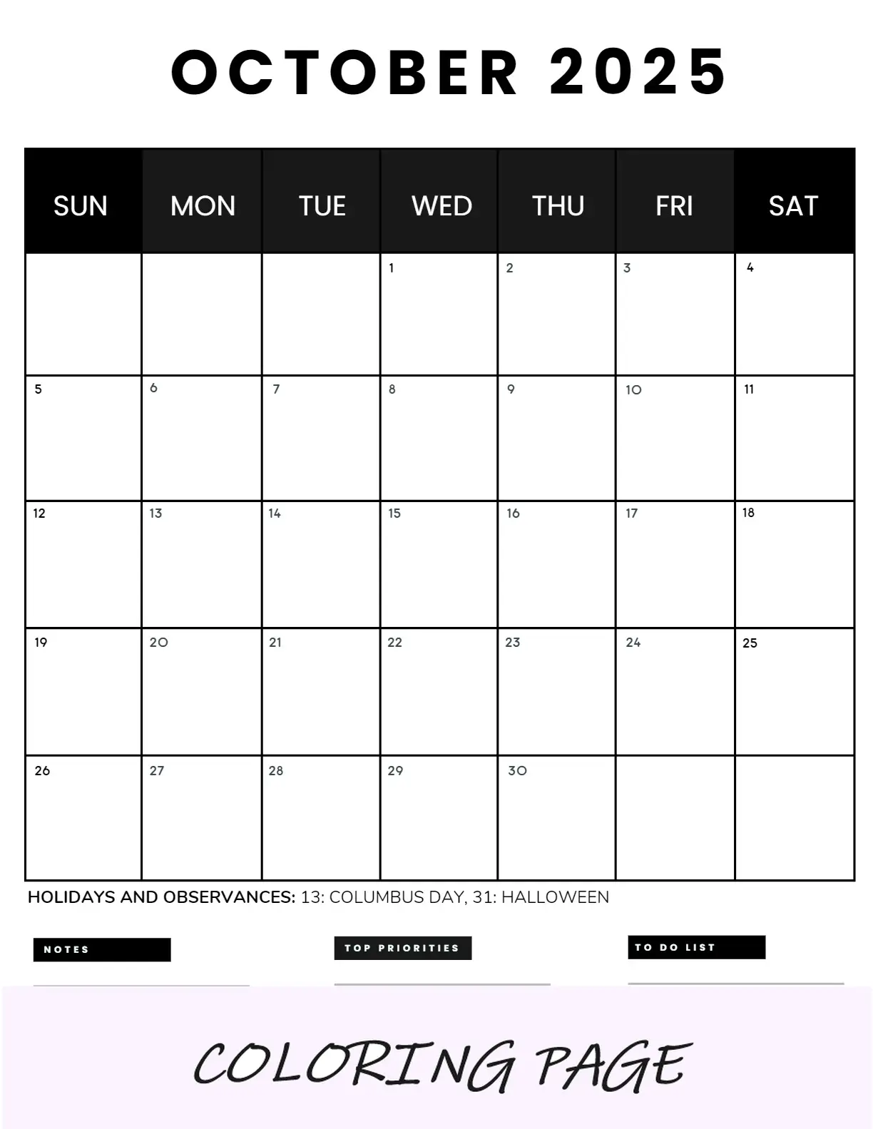 Calendario Octubre 2025 Imprimible Negocios 5 Retrato