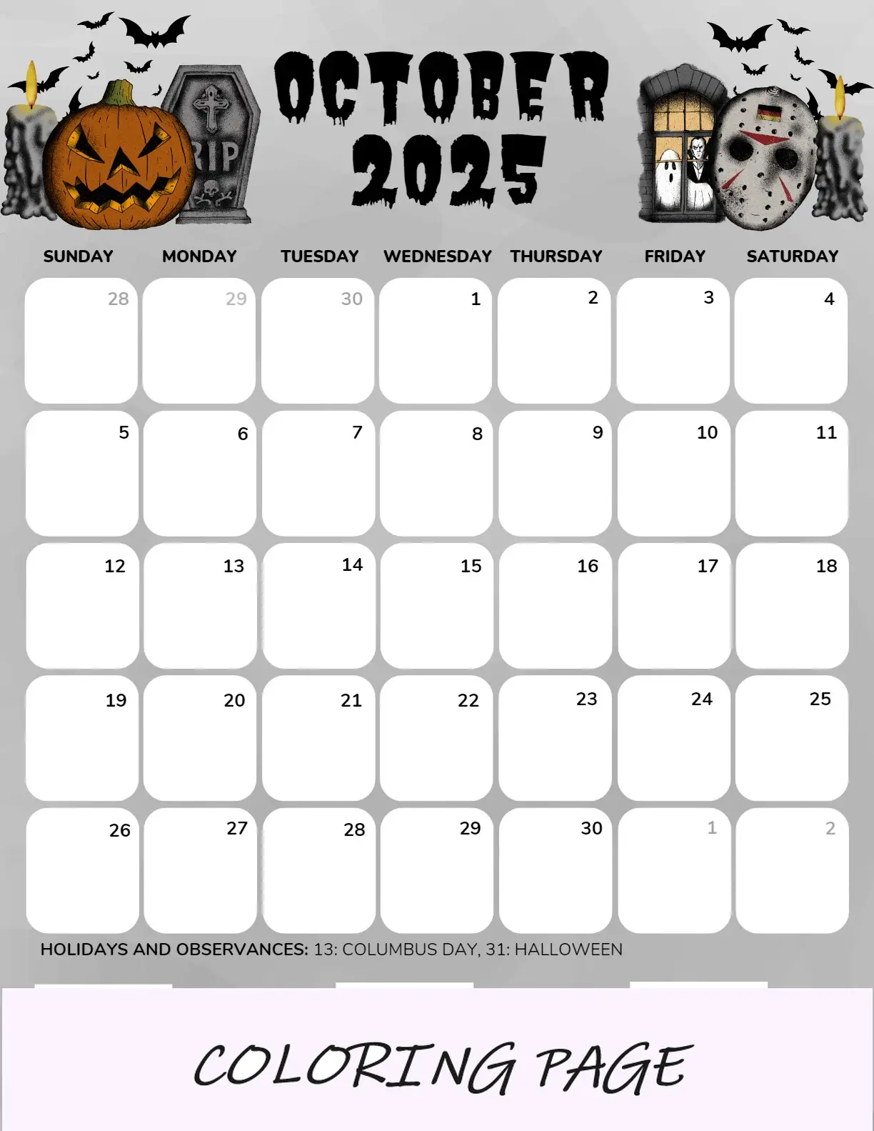 Calendario octubre 2025 Retrato empresarial imprimible