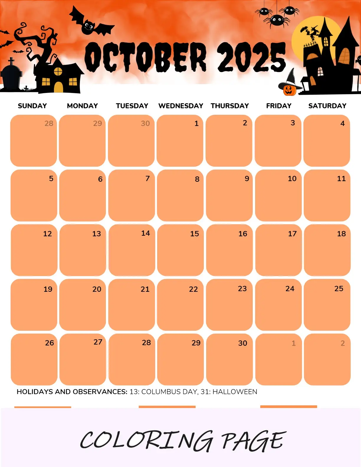 Calendario octubre 2025 Retrato terroso imprimible