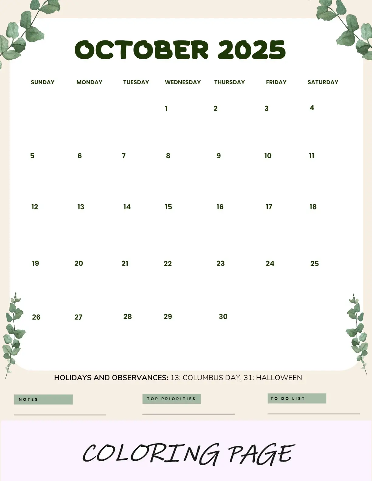 Calendario Octubre 2025 Retrato De Naturaleza Imprimible