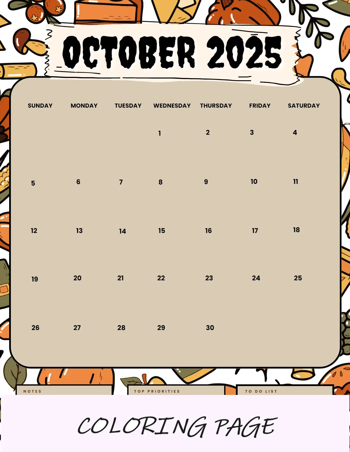 Calendario Octubre 2025 Para Imprimir Retrato Del Sol