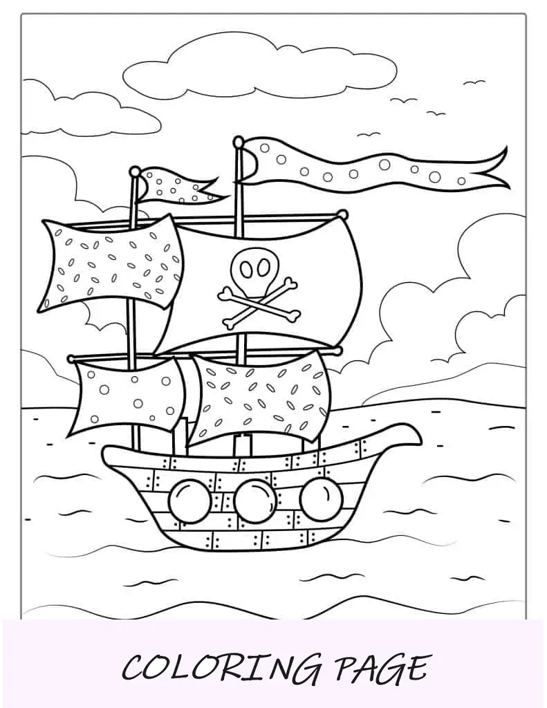 Einfacher Umriss eines Piratenschiffs mit Flaggen zum Ausmalen