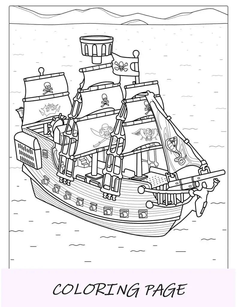 Detailliertes Piratenschiff auf dem Ozean zum Ausmalen