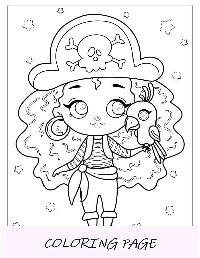 Kawaii, Mädchen, Pirat, Mit, Papagei, To, Color