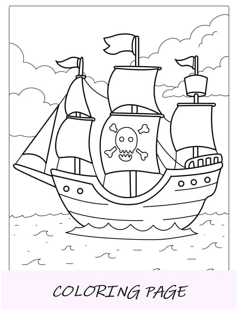 Ausmalbild eines Piratenschiffs für Kinder