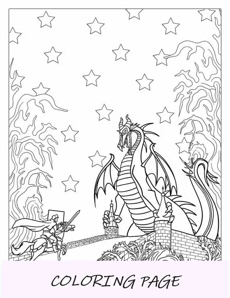 El Príncipe Felipe Luchando Contra El Dragón Maléfica Para Colorear