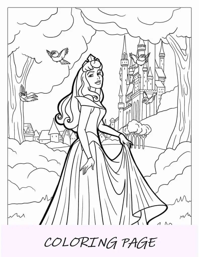 Página para colorear de la bella durmiente con el castillo en el fondo