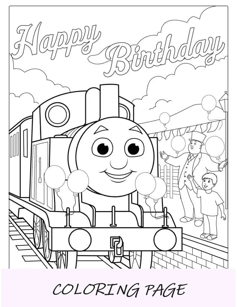 Página para colorir de feliz aniversário, Thomas, o motor tanque