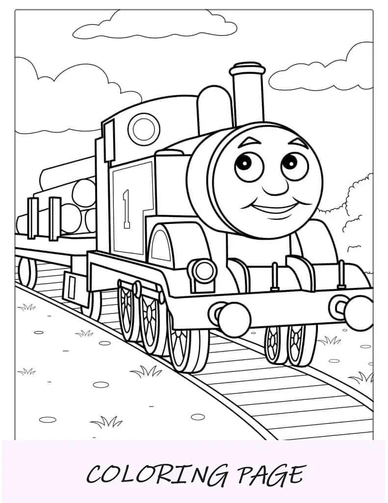 Página para colorir de Thomas puxando uma carruagem de toras