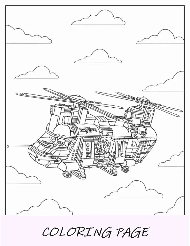 Página para colorir de helicóptero de carga pesada do vulcão LEGO City
