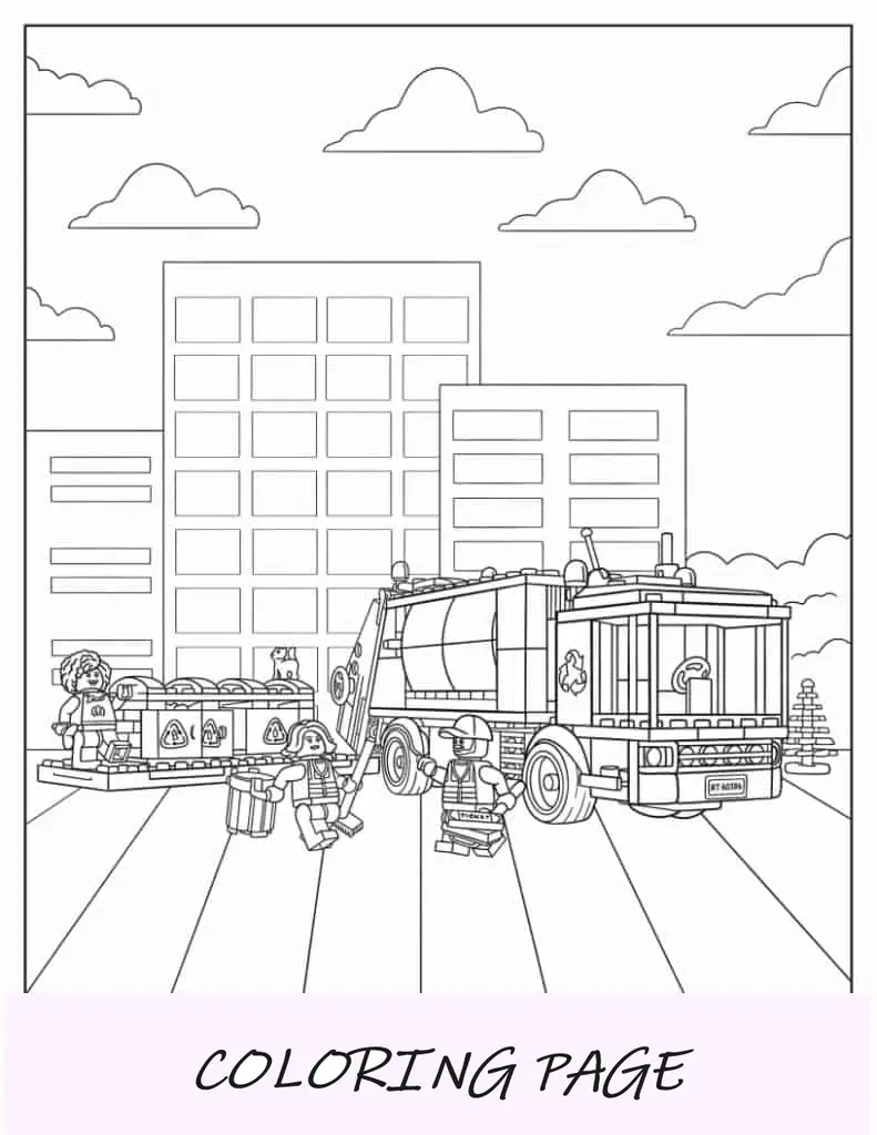 Folha para colorir do caminhão de reciclagem Lego City