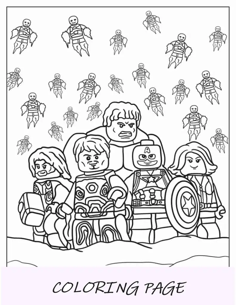 Folha para colorir Lego Homem de Ferro, Thor, Hulk, Viúva Negra, Capitão América