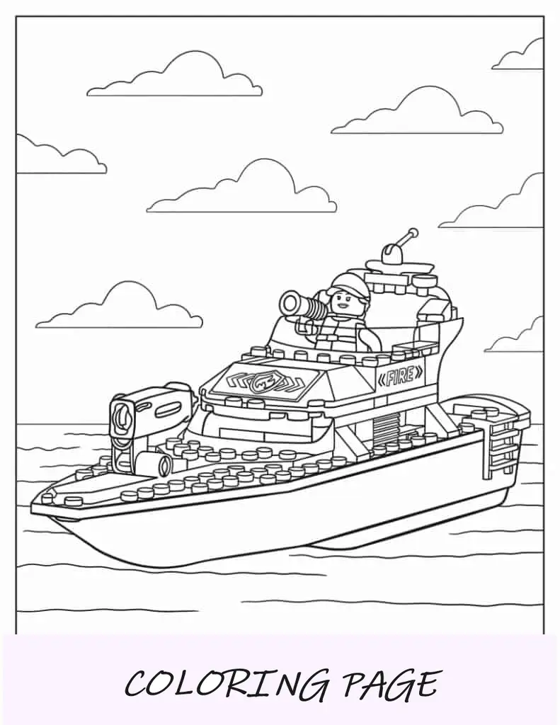 Folha para colorir do barco de resgate de bombeiros da cidade