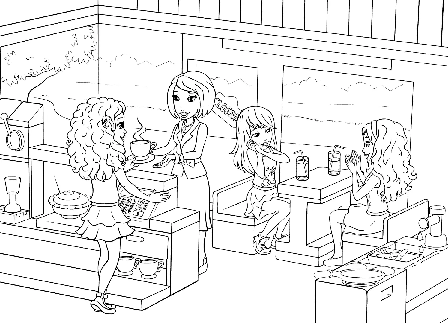 Lego Friends Restaurant Cafe Scene Coloring Page
