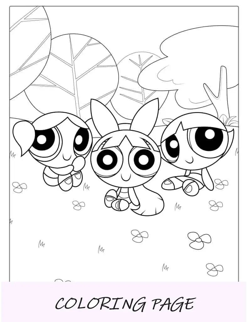 Die Powerpuff Girls sitzen in einem Park mit Blumen