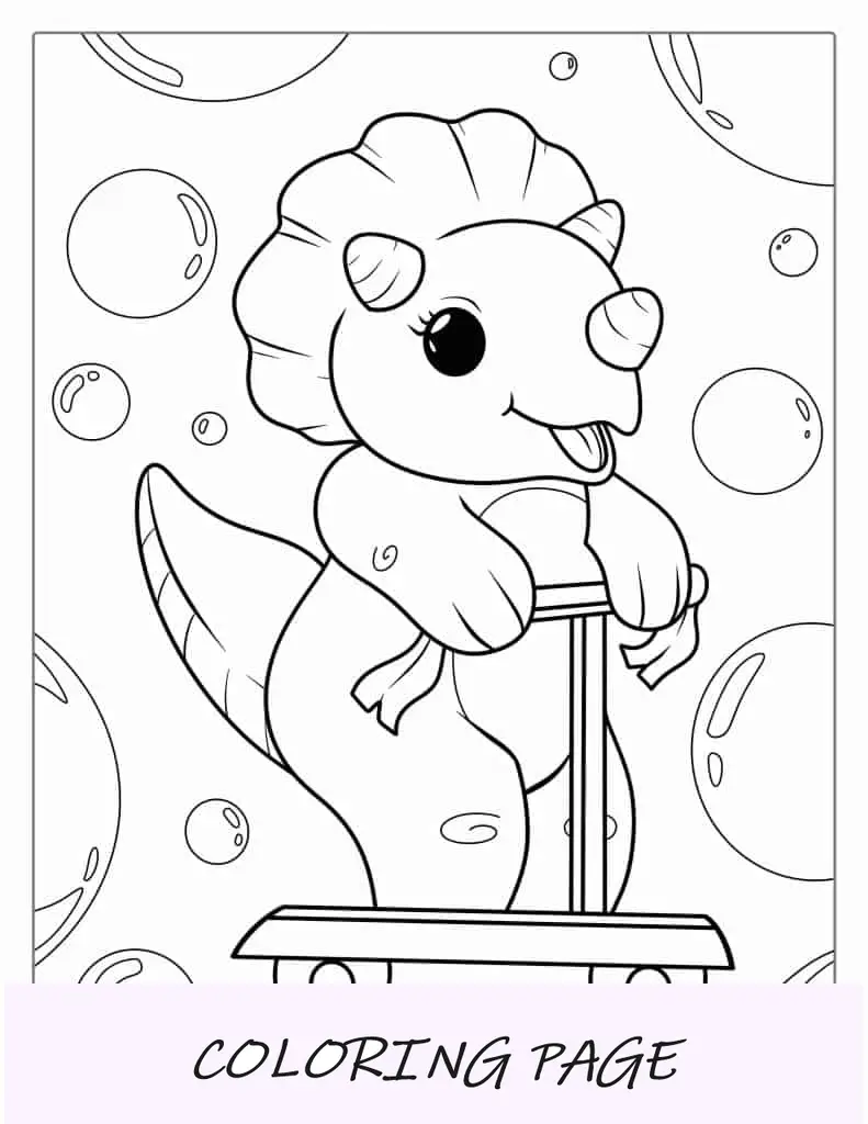 Triceratops com tema Kawaii andando de scooter para colorir