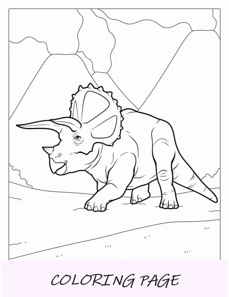 Triceratops caminhando com vulcões ao fundo