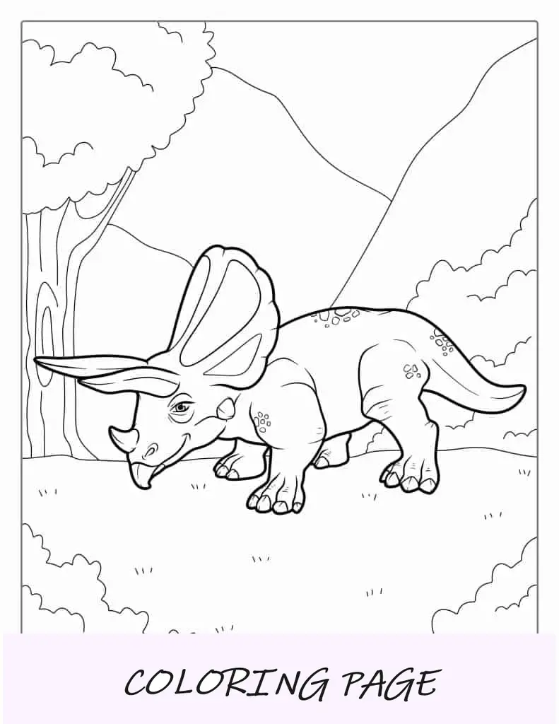 Dinossauro Triceratops caminhando na selva para colorir