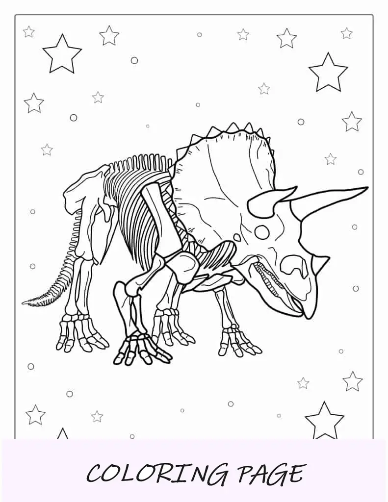 Página para colorir de fóssil de esqueleto de Triceratops