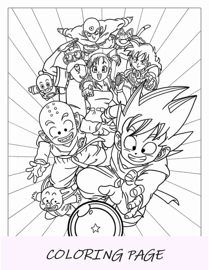 Página para colorir do jovem Kuririn e Goku