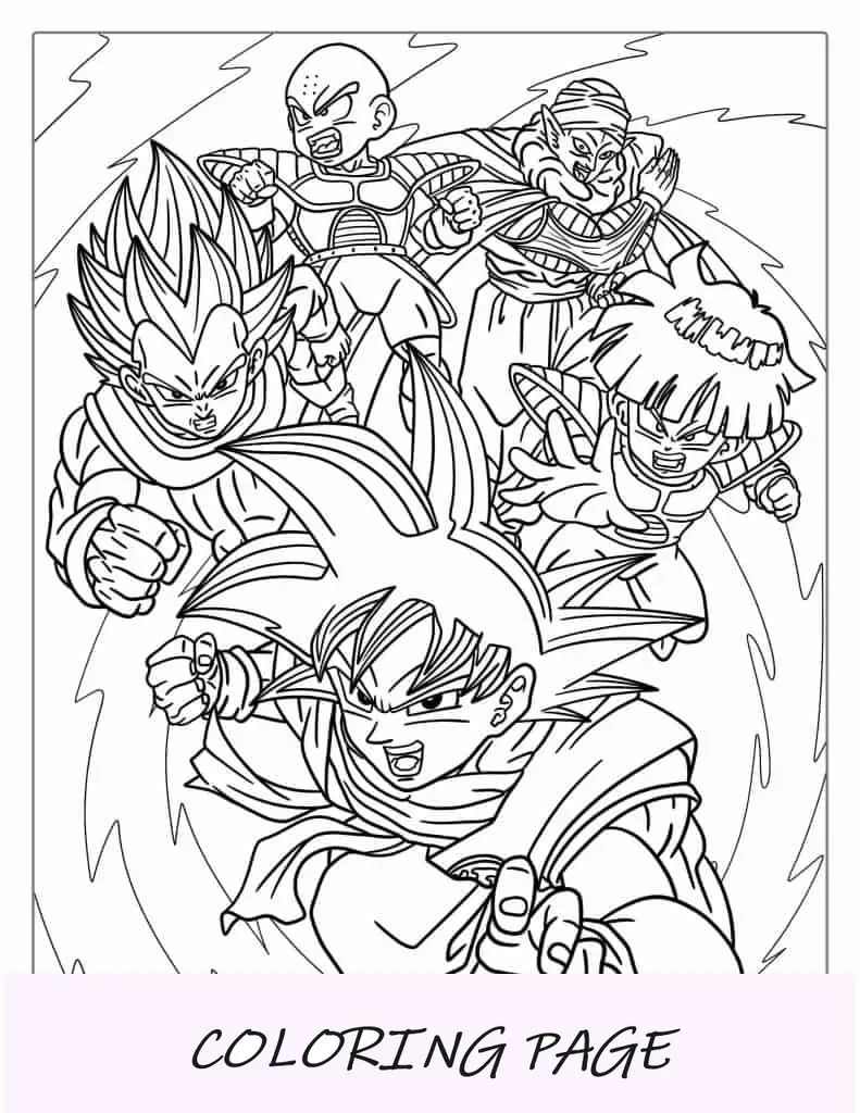Página para colorir de Dragon Ball Z com personagens populares