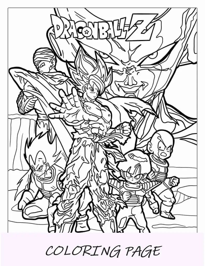 Arte detalhada de Dragon Ball Z com personagens icônicos para colorir