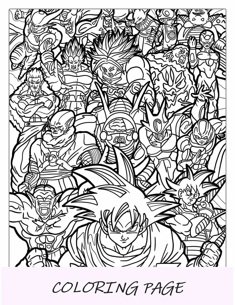 Personagens populares de Dragon Ball Z para colorir com logotipo