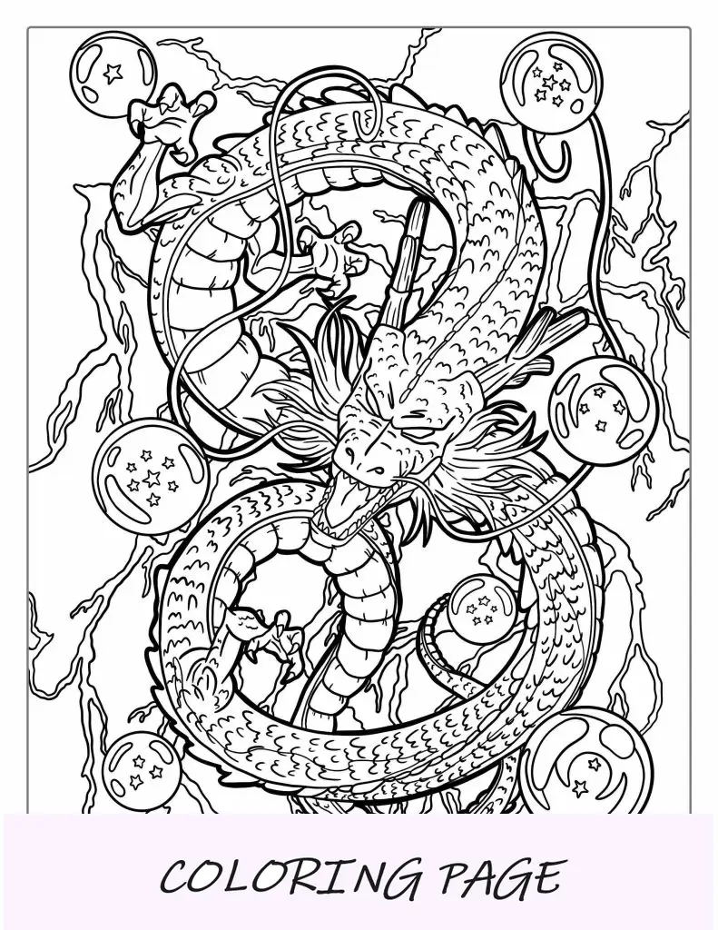 Página para colorir detalhada do dragão Shenron com bolas
