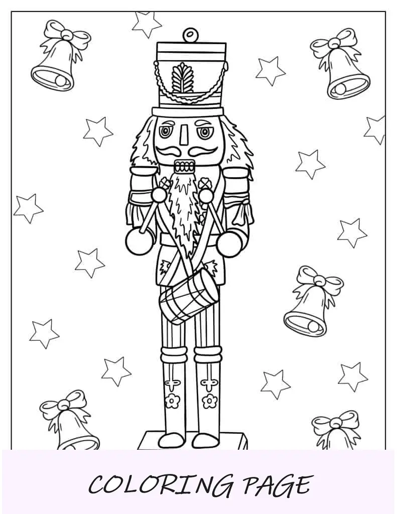 Quebra-nozes batendo tambor com sinos de Natal para colorir