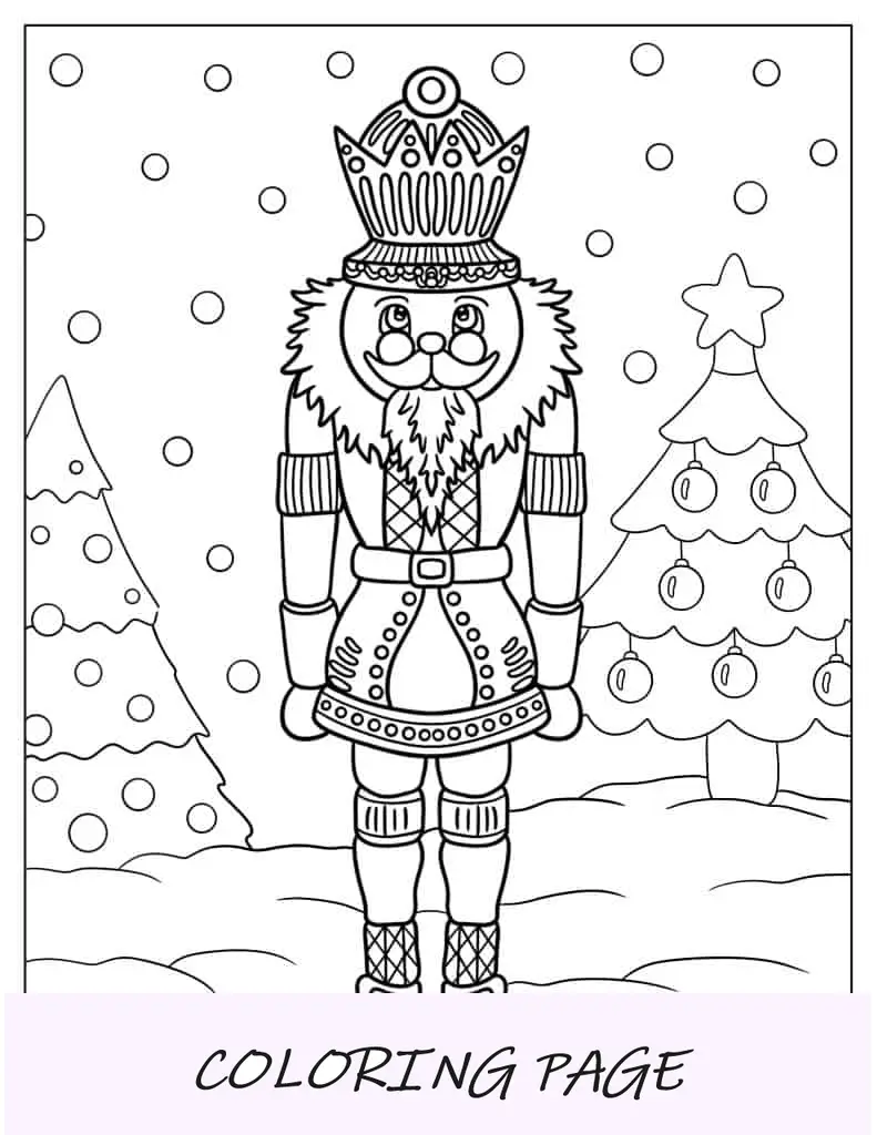 Quebra-nozes na neve com árvores de Natal para colorir