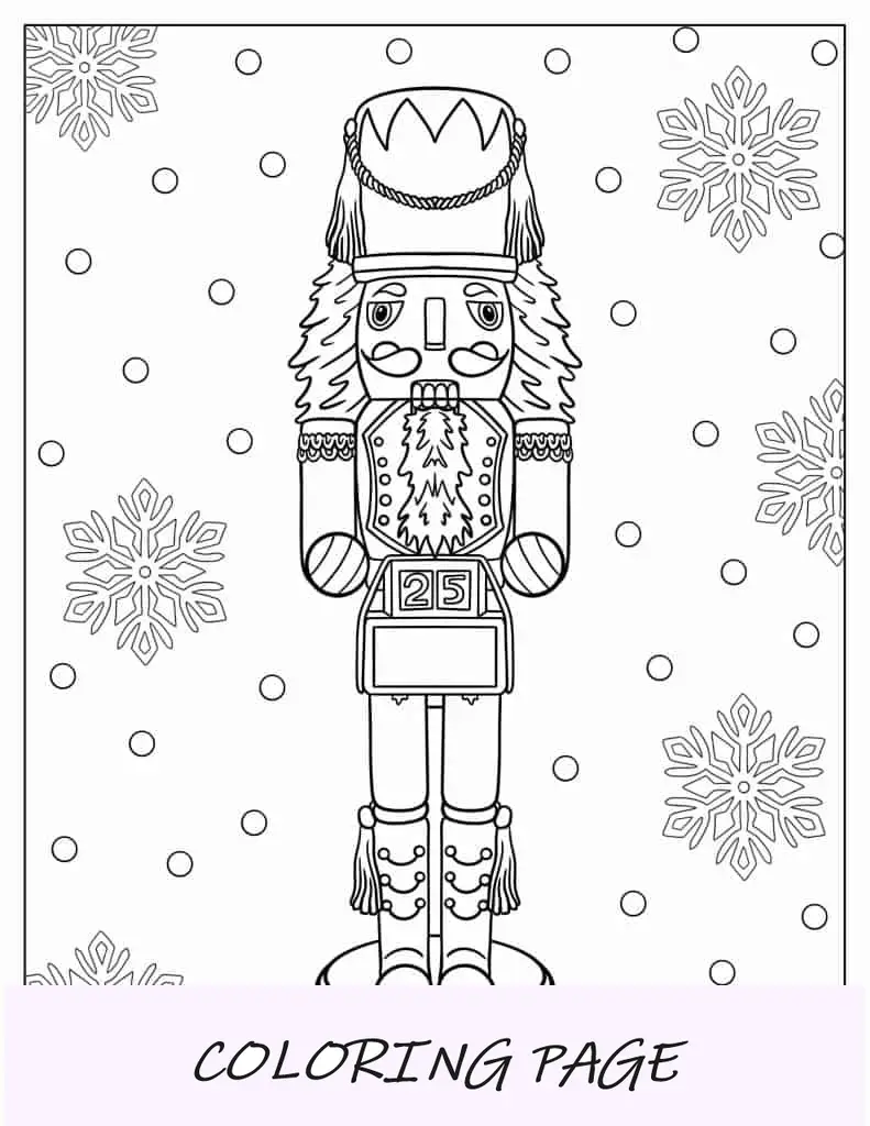 Solider de brinquedo quebra-nozes e flocos de neve para colorir
