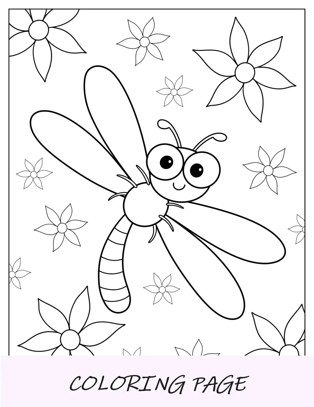 Pagina da colorare libellula Kawaii con fiori per bambini