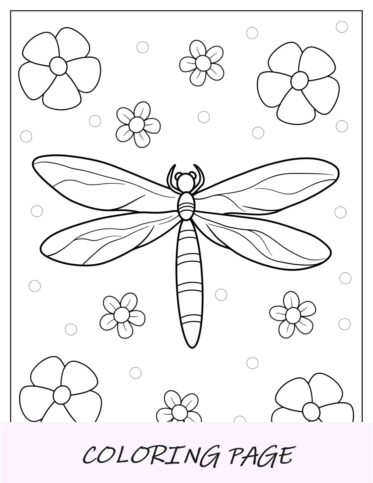 Pagina da colorare libellula con grandi ali e fiori sullo sfondo